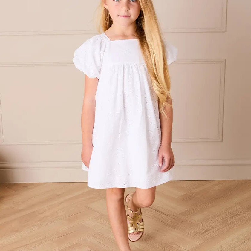 Flower Embroidered Broderie Anglaise Short Sleeve Dress in White (12mths-12yrs)