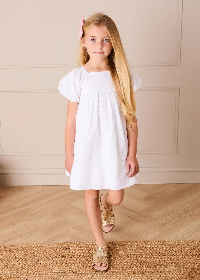Flower Embroidered Broderie Anglaise Short Sleeve Dress in White (12mths-12yrs)