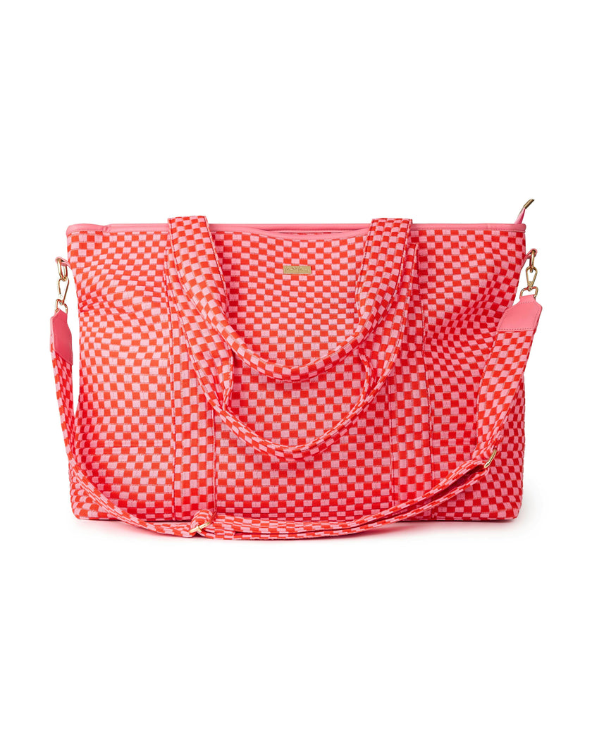 Packed Party Holiday Pink Checkered Oversized Weekender Duffel Bag – Woven Polyester with Gold Hardware, Adjustable Strap, and Lined Interior, 20.5x16x8 Inch