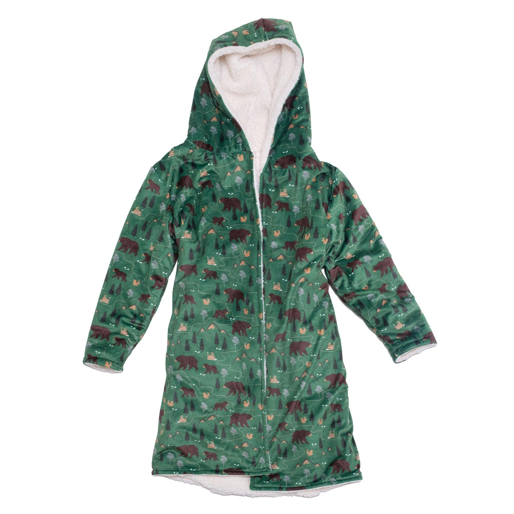 Cozy Switch Robe – Reversible Sherpa & Printed Mink Robe with Appliqué, Camping Bears