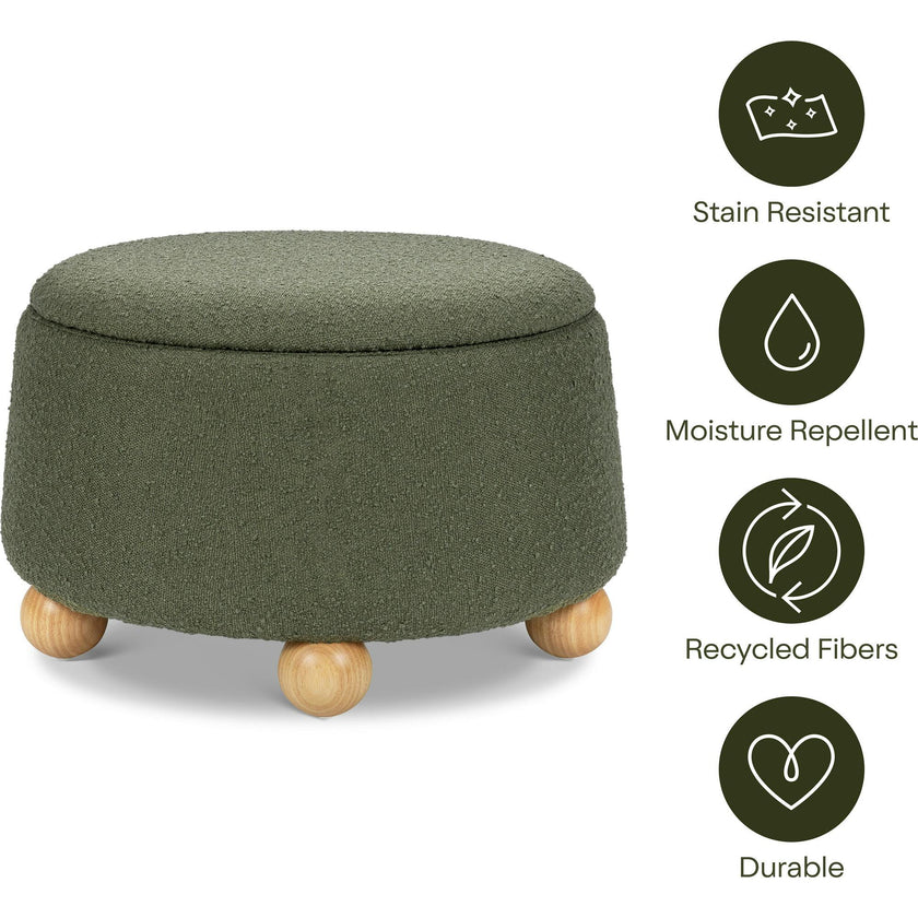 Tuffet Storage Ottoman in Performance Olive Boucle with Honey Ball Feet