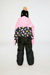 Kids One Piece Play Snowsuit Pink And Black Gummy Bear Print