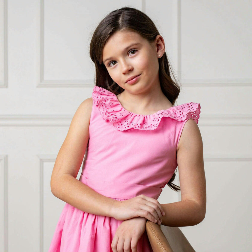Organic Ruffle Collar Party Dress with Eyelet Embroidery, Pink