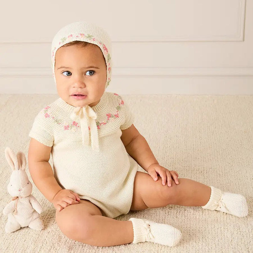 Wildflower Embroidered Knitted Romper in Cream (1-9mths)