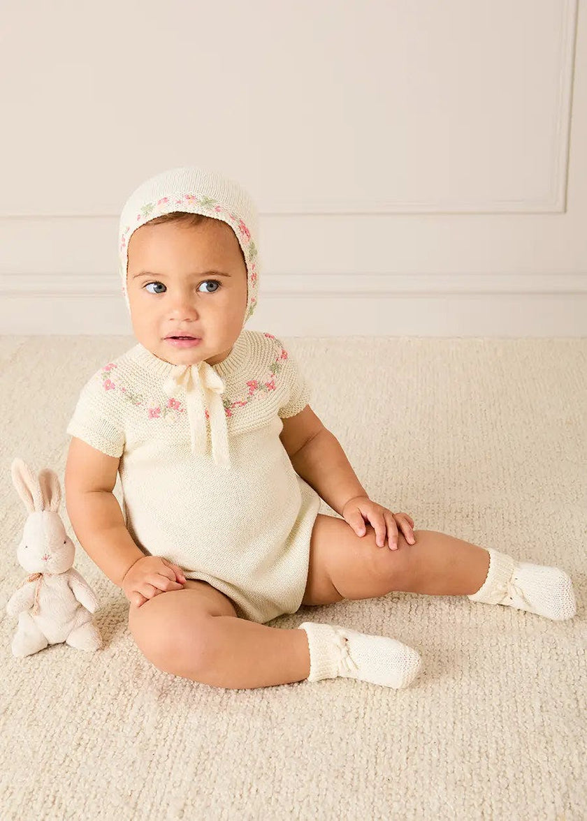 Wildflower Embroidered Knitted Romper in Cream (1-9mths)