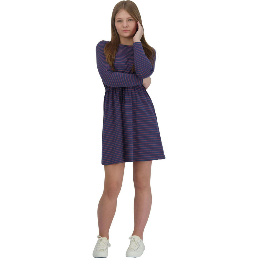 Lila Mini Striped Round Neck Long Sleeve Drawstring Dress, Multi