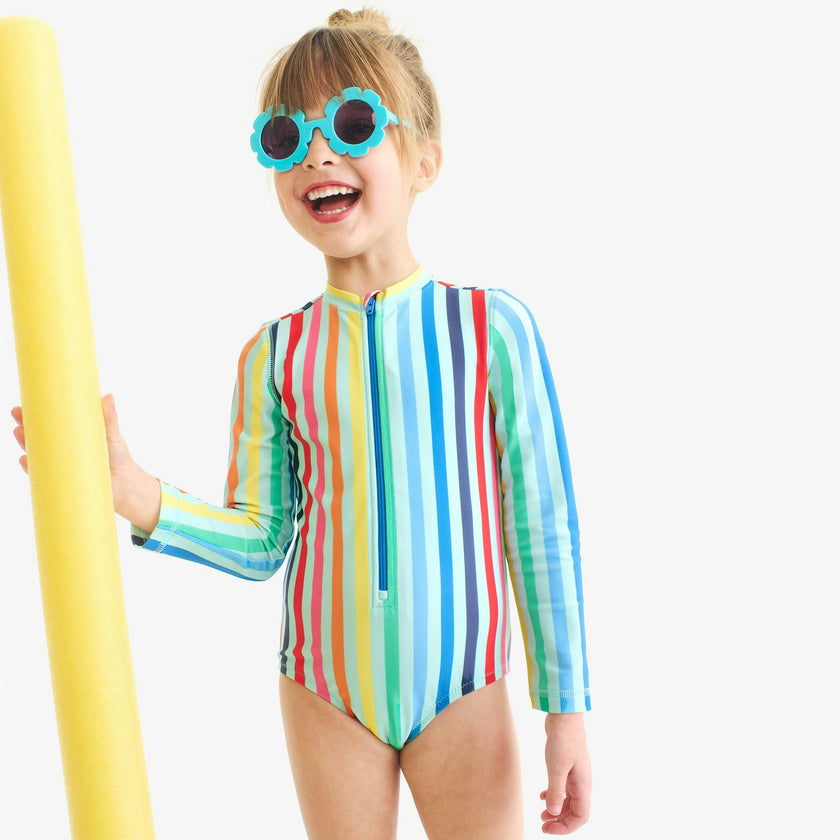 Clearance kids long sleeve one-piece rash guard in rainbow sky stripe