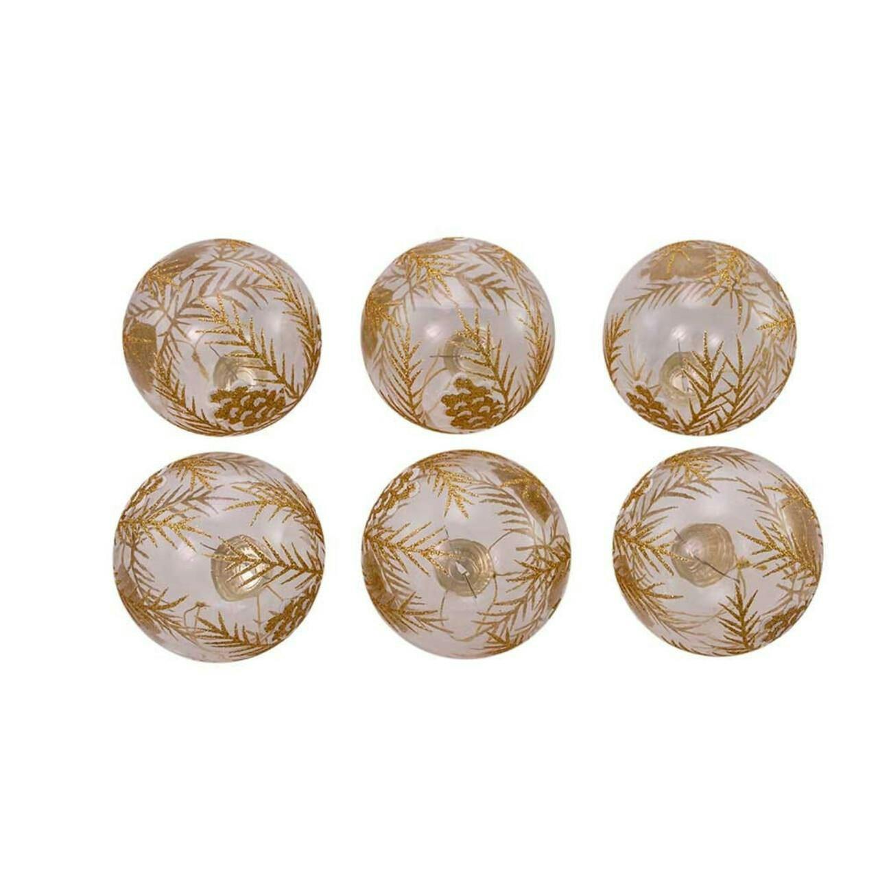 Kurt Adler 80MM Clear with Gold Pinecones Glass Ball Ornaments, 6-Piece Set