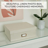 Decorative Photo Storage Box - Sturdy Linen Photo Organizer with Dividers - Stores Up to 850 4x6 Photos - Portable Scrapbook Storage Container with Lid