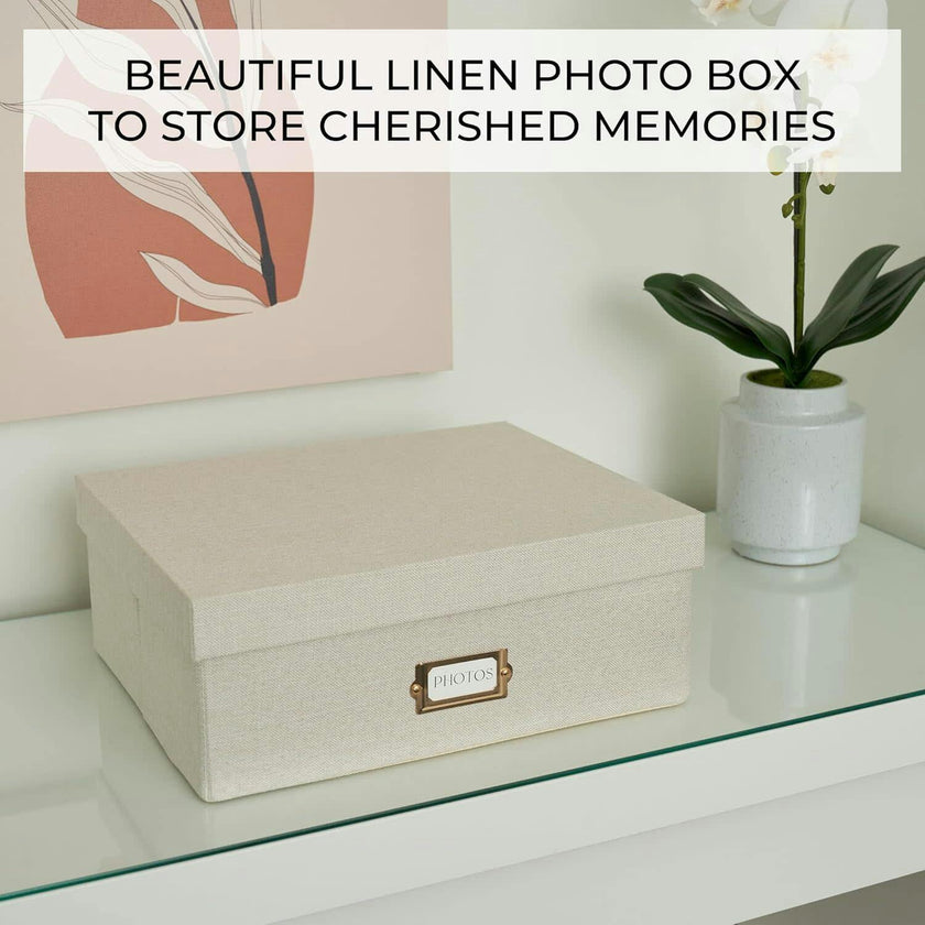 Decorative Photo Storage Box - Sturdy Linen Photo Organizer with Dividers - Stores Up to 850 4x6 Photos - Portable Scrapbook Storage Container with Lid