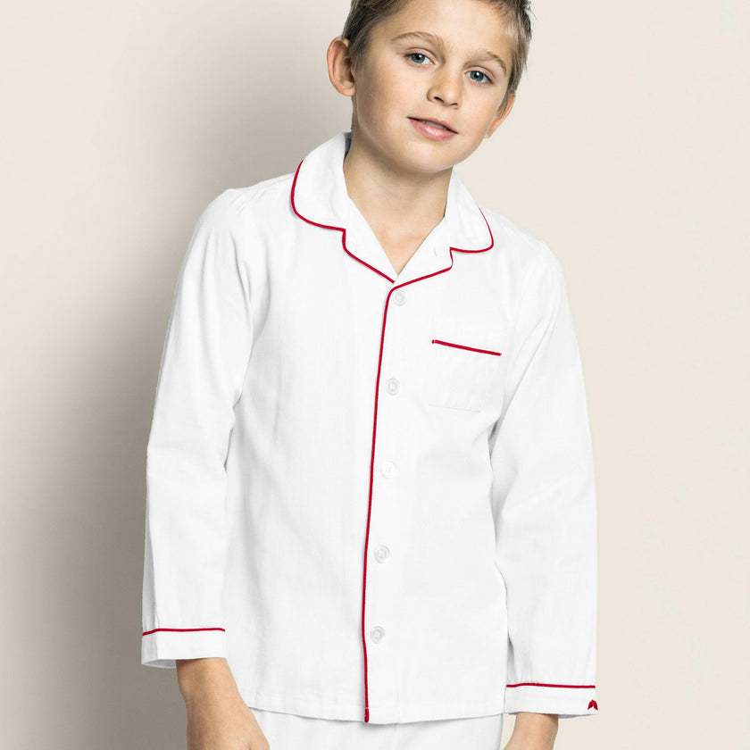 Kid's Twill Pajama Set in White with Red Piping