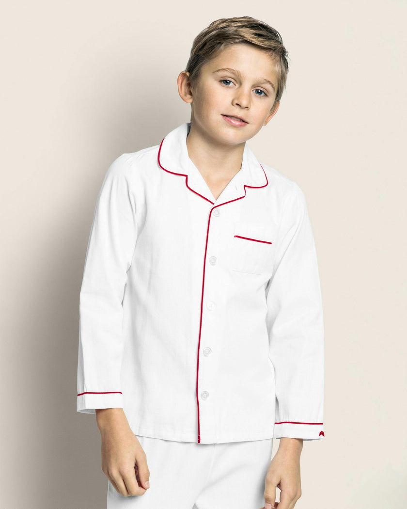Kid's Twill Pajama Set in White with Red Piping
