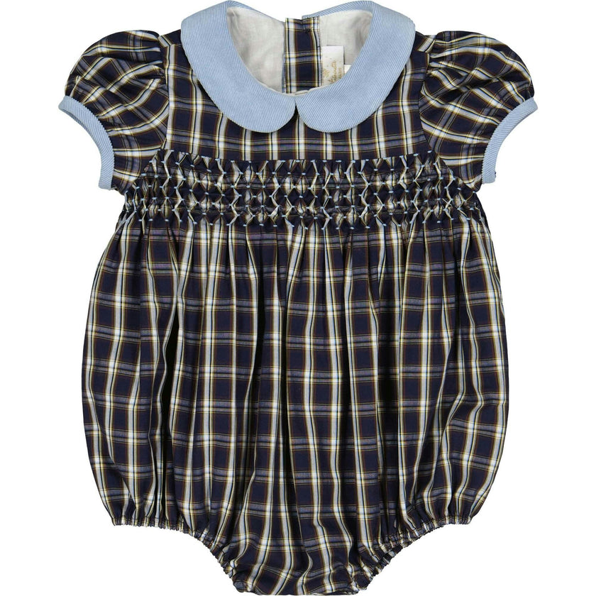 Angelica Navy Tartan Short Sleeve Smocked Bubble