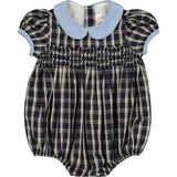 Angelica Navy Tartan Short Sleeve Smocked Bubble