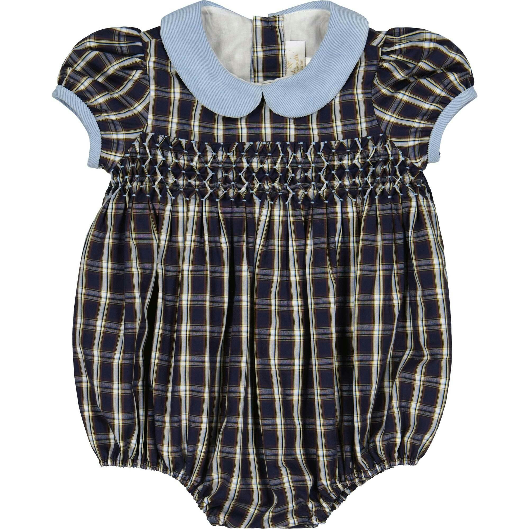 Angelica Navy Tartan Short Sleeve Smocked Bubble