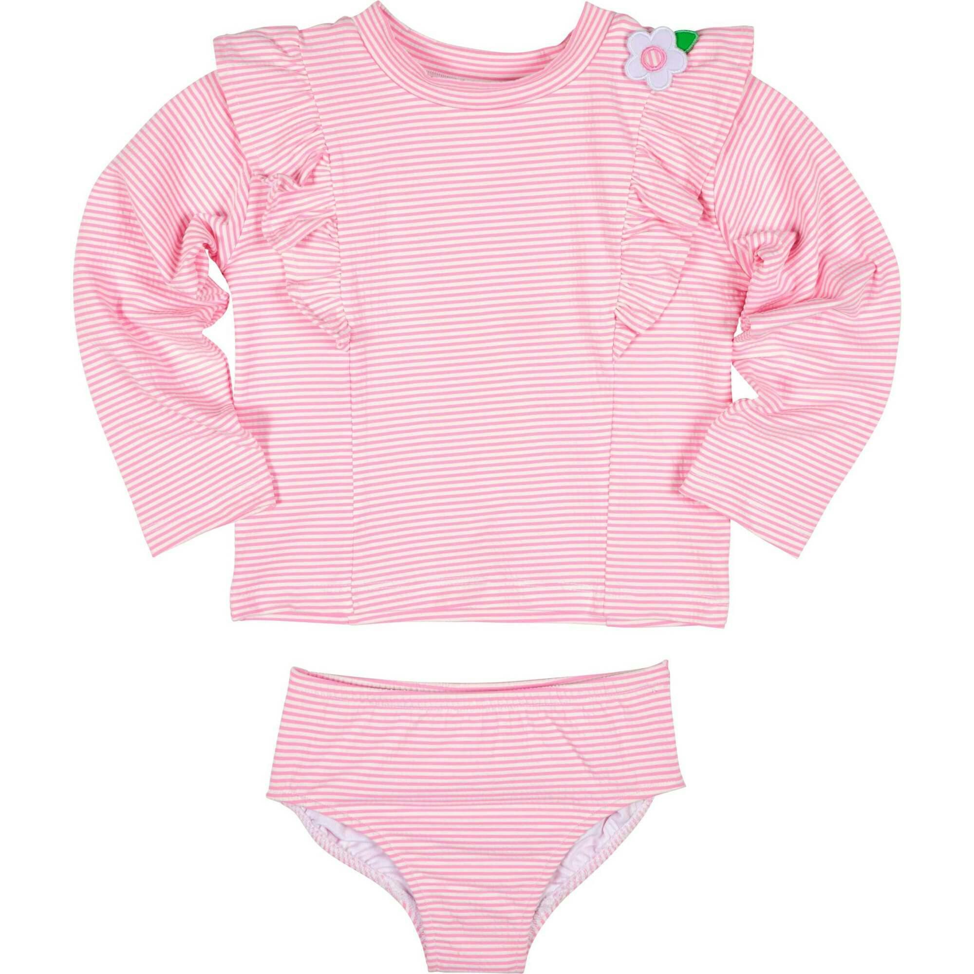Stripe Seersucker Rashguard Swimsuit With Flower