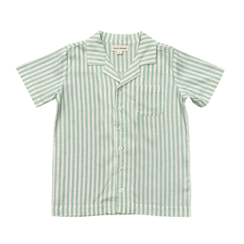 Boys Linen Button Top in Aqua Island Mini Stripe