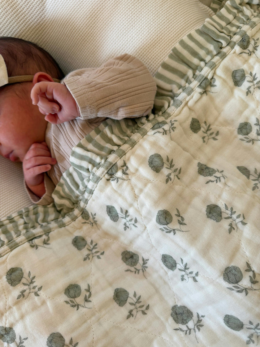 Elle Green Floral Ruffle Quilt Blanket + Bear Lovey SET
