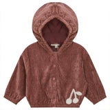 Velour Hooded Hook-stitch Front Opening Cherry Print Cardigan