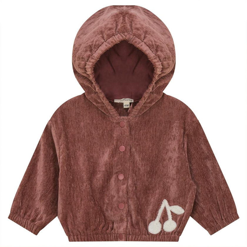 Velour Hooded Hook-stitch Front Opening Cherry Print Cardigan