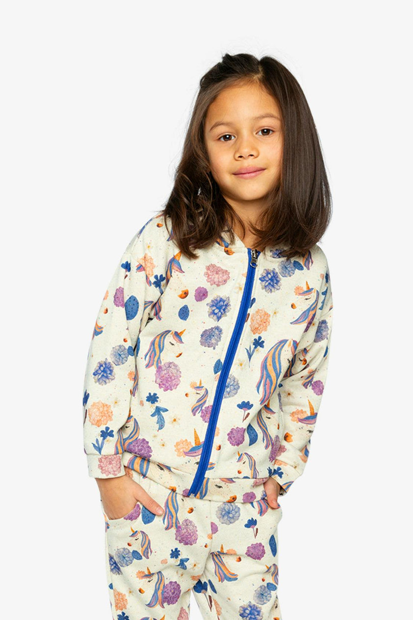 Hooded Zipped French Terry Cardigan Beige Unicorn Print