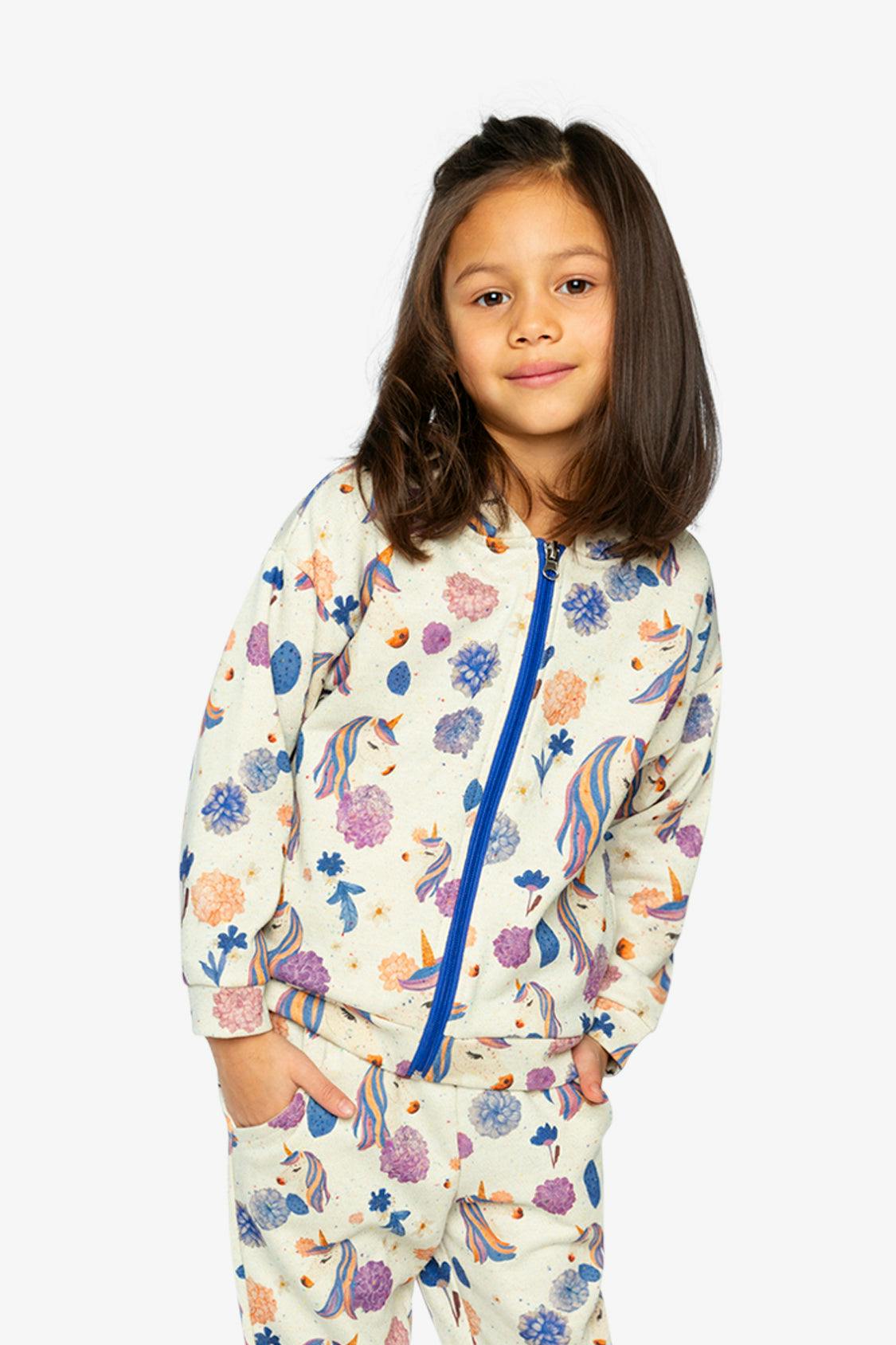 Hooded Zipped French Terry Cardigan Beige Unicorn Print