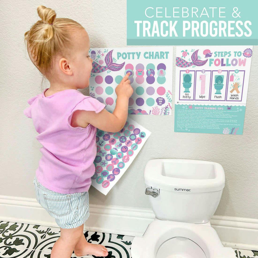 10-Piece Mermaid Potty Training Charts & 6-Piece Under the Sea Bathroom Wall Art Decor Prints