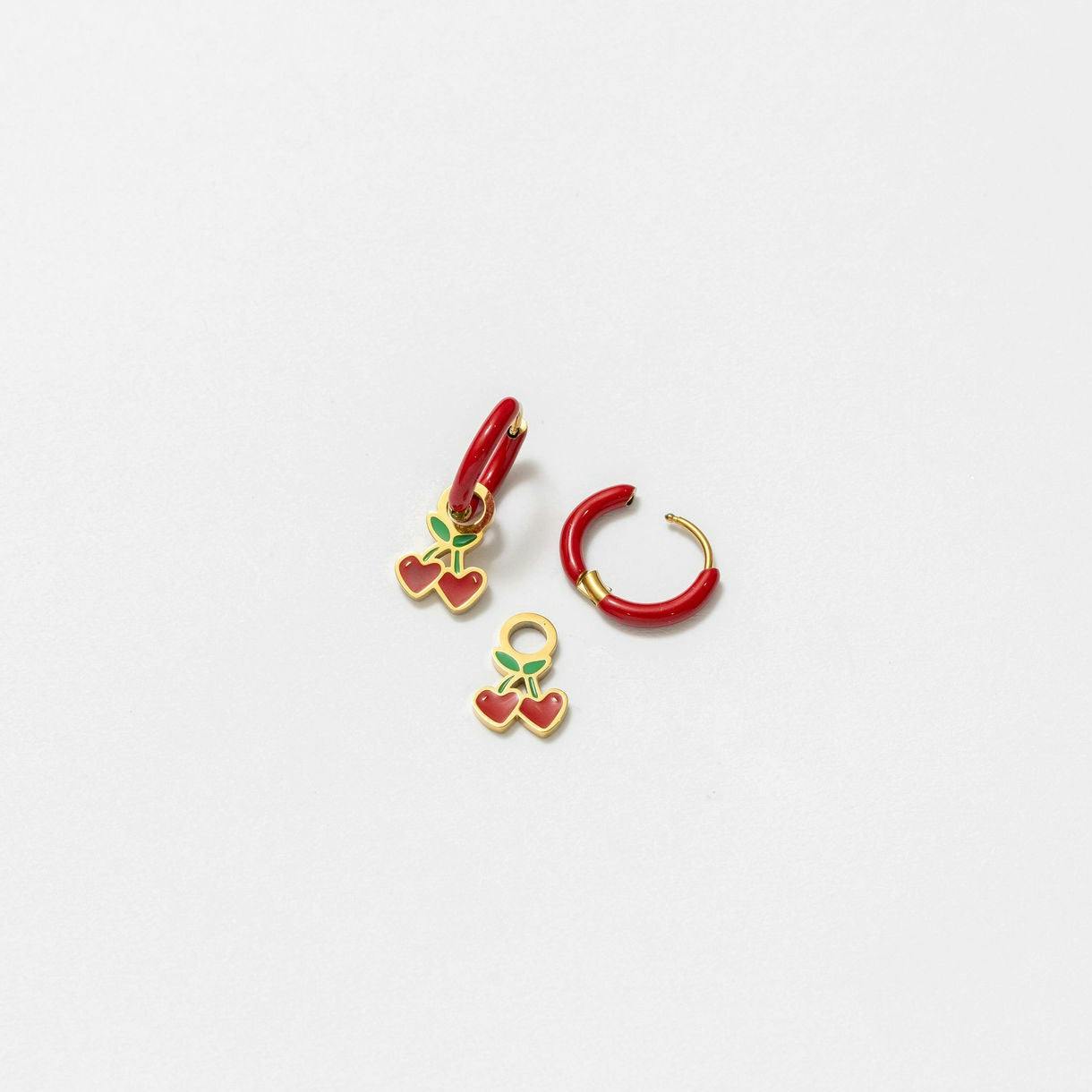 Cherries Charm + Red Enamel Hoop Set