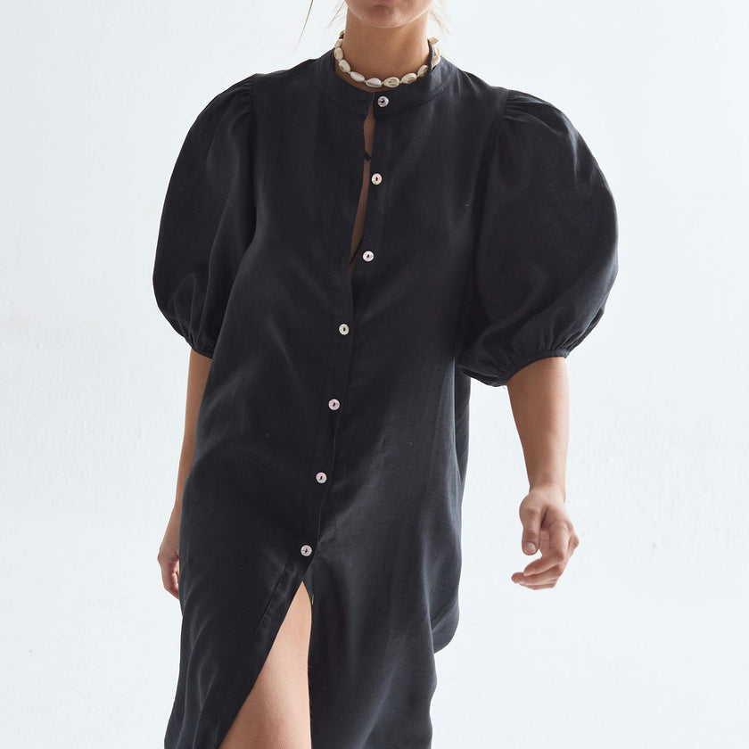 Bubble Linen Dress - Black