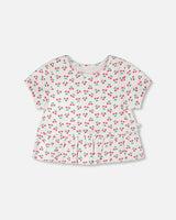 Rib Crop T-Shirt With Frill White Printed Cheeries