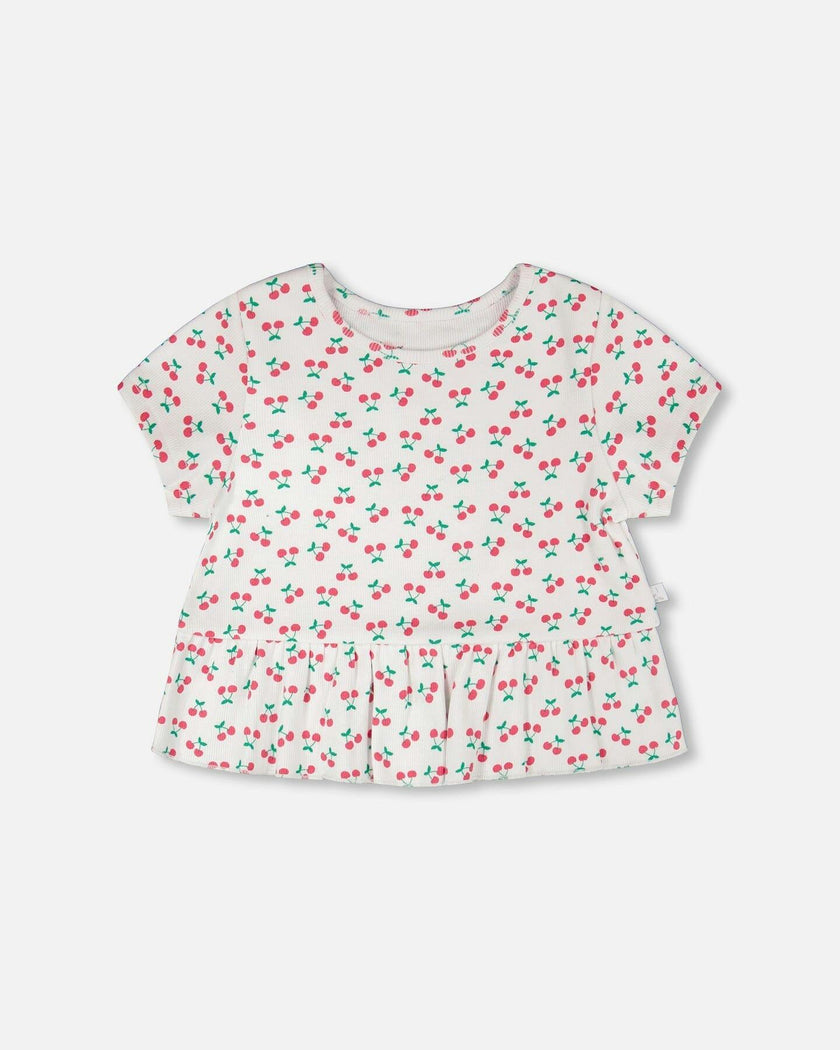 Rib Crop T-Shirt With Frill White Printed Cheeries