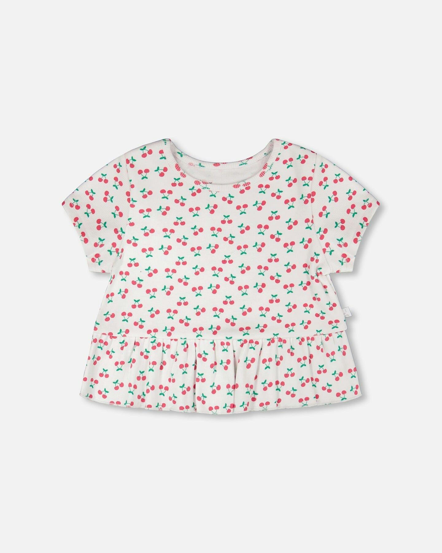 Rib Crop T-Shirt With Frill White Printed Cheeries