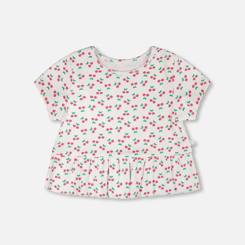 Rib Crop T-Shirt With Frill White Printed Cheeries