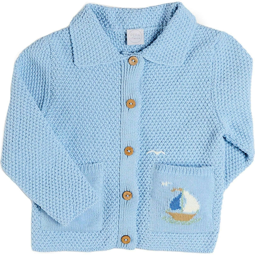Nautical Boat Embroidery Polo Collar Cardigan in Sky Blue (12mths-6yrs)