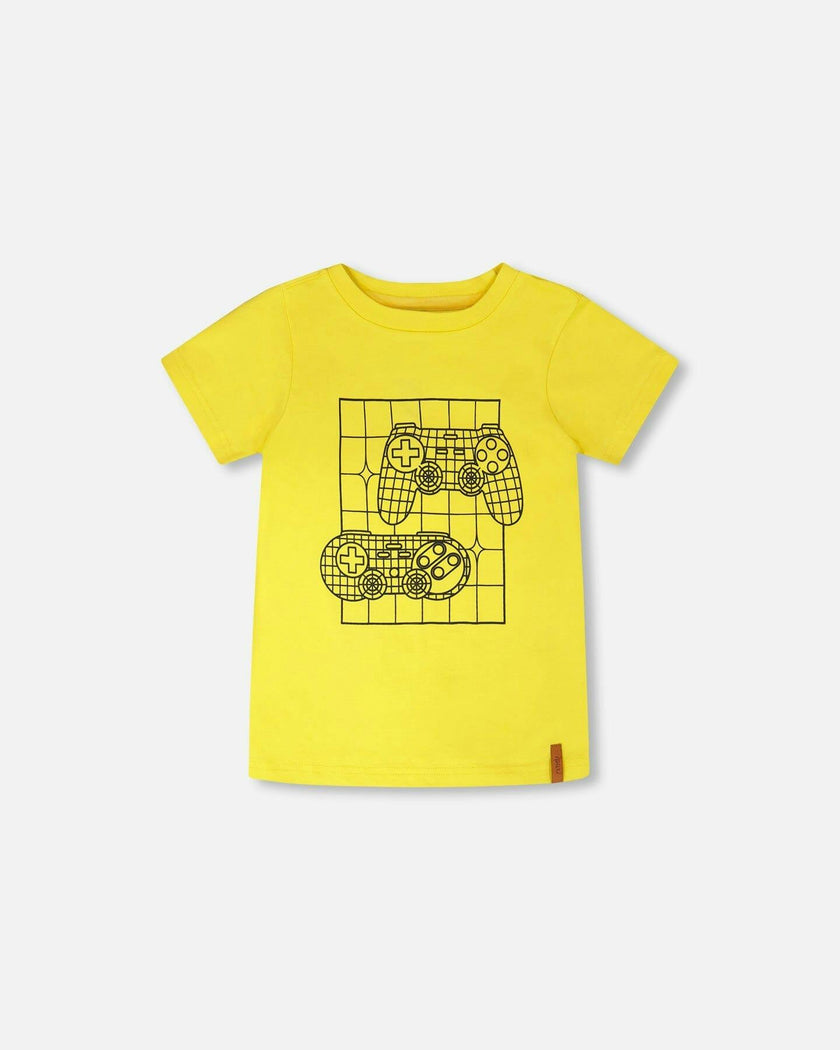 Organic Cotton Jersey T-Shirt With Gamer Print Yellow