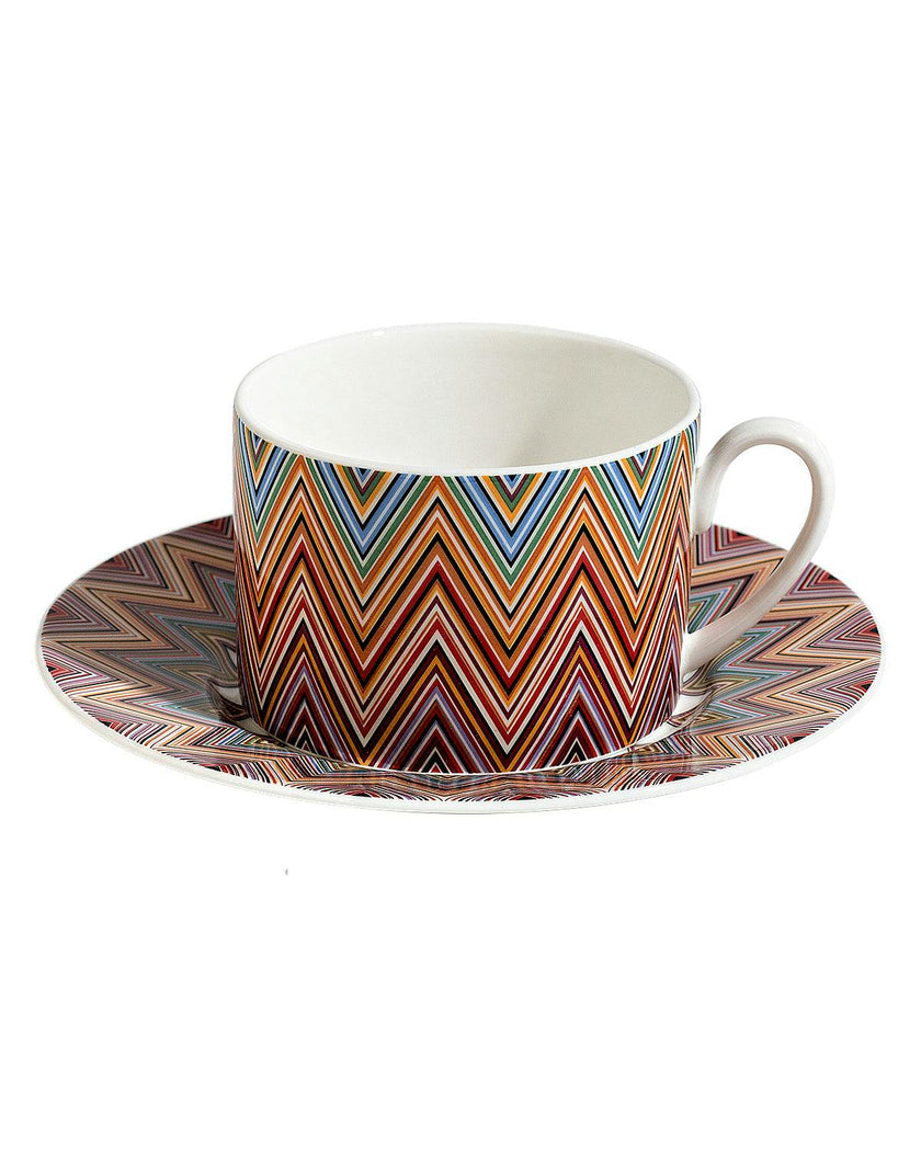 Tea Cup & Saucer ZIG ZAG Set of 2 in Luxury Box Jarris 156 diam. 3.3", H 2.3", cap. 7.5 oz, Saucer diam. 6"