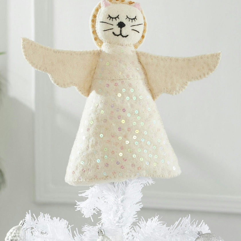Handmade Cat Angel Felt Christmas Tree Topper Cream Arcadia Home
