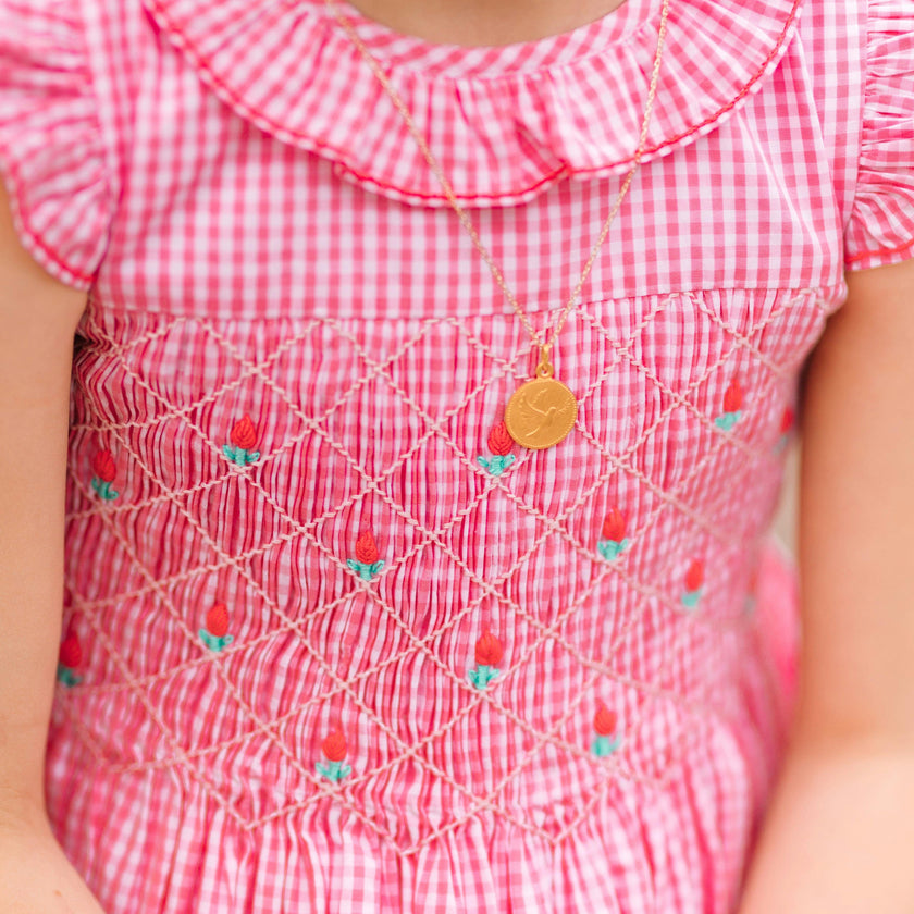 Tulip Pink Gingham Frilled Cap Sleeve Smocked Dress