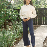 Women's Cropped Cream Sweater With Navy Trim