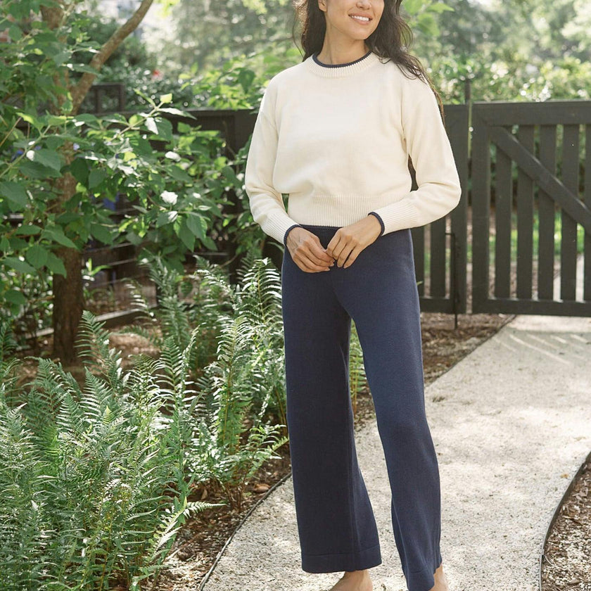 Women's Cropped Cream Sweater With Navy Trim