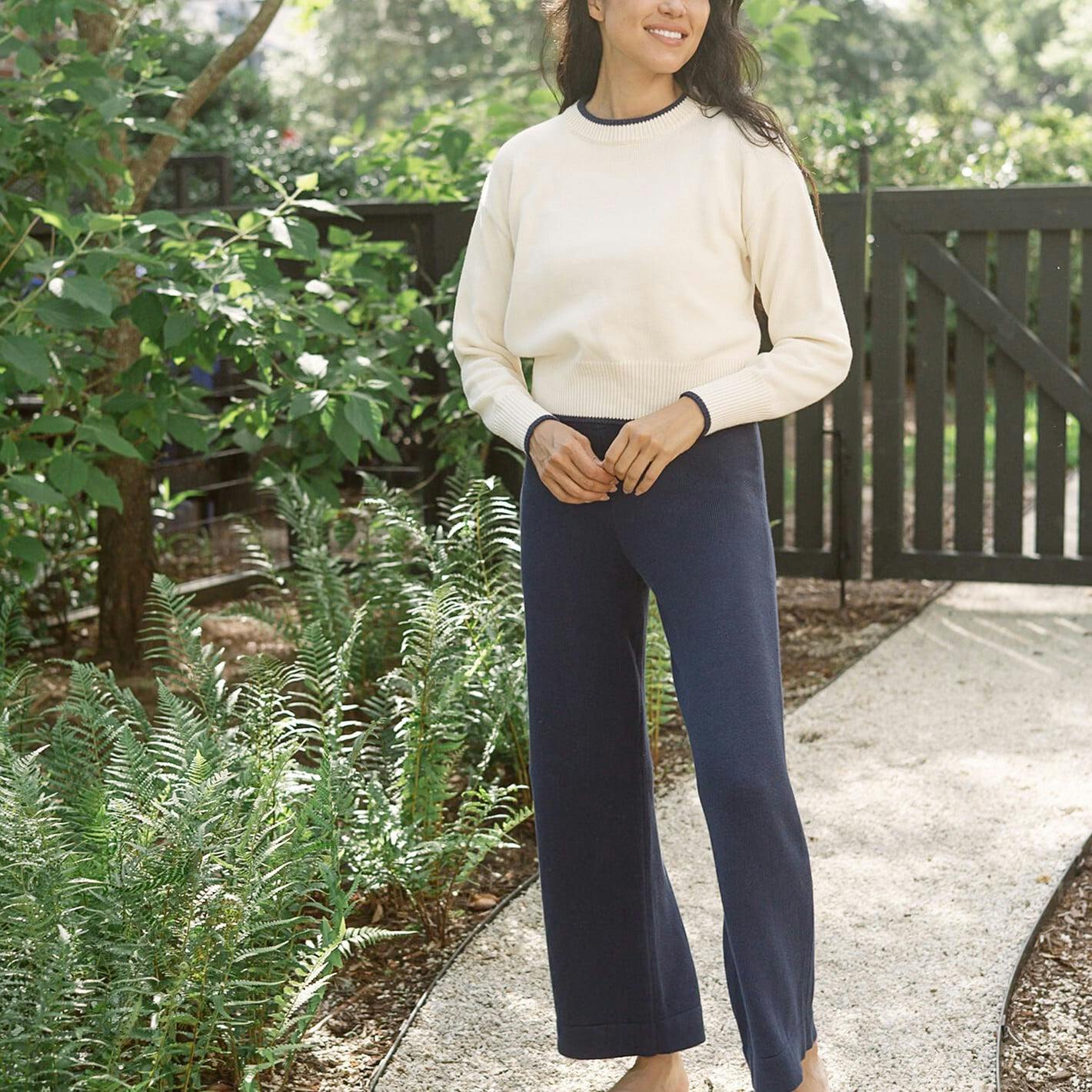 Women's Cropped Cream Sweater With Navy Trim