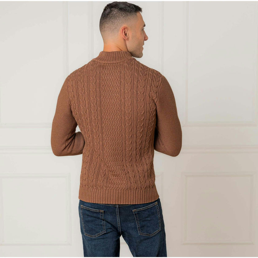 Men's Organic Mock Neck Cable Sweater, Brown