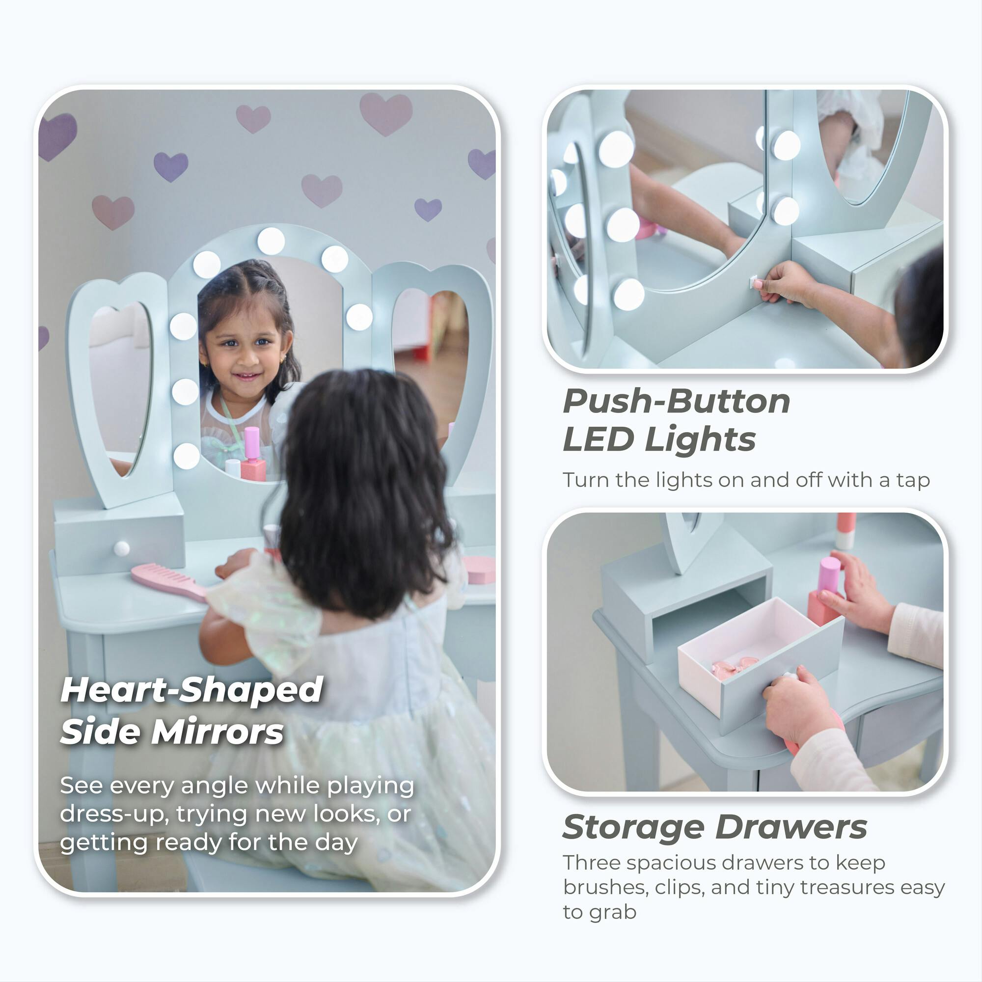 Teamson Kids Heart Glow Wooden Vanity Set with LED Lights Mirror & Stool