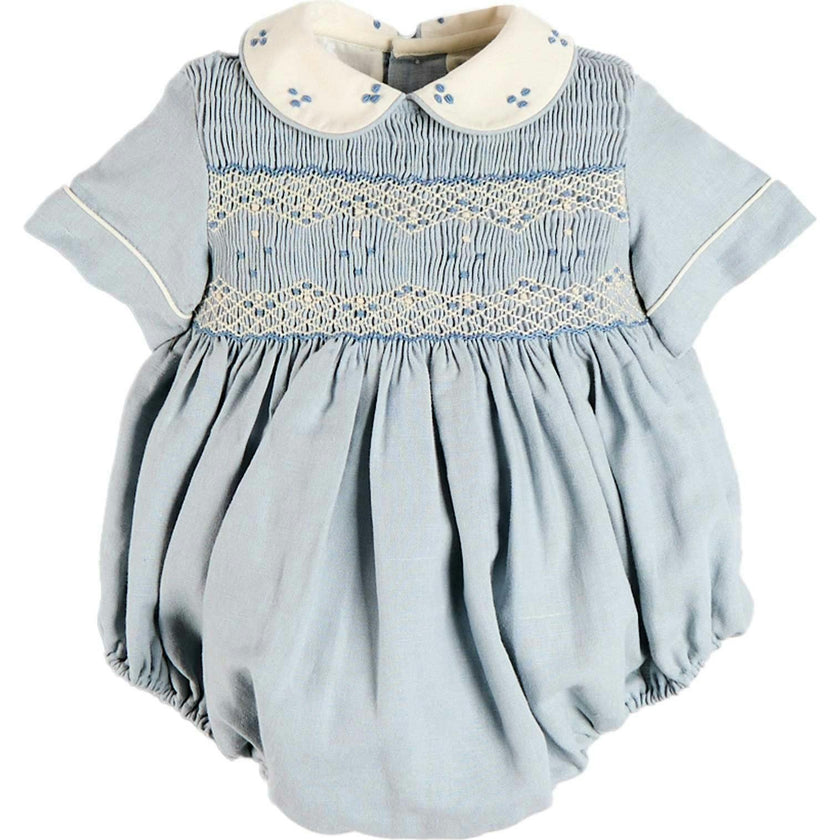 Hand Smocked Peter Pan Collar Short Sleeve Romper in Sky Blue (3mths-2yrs)