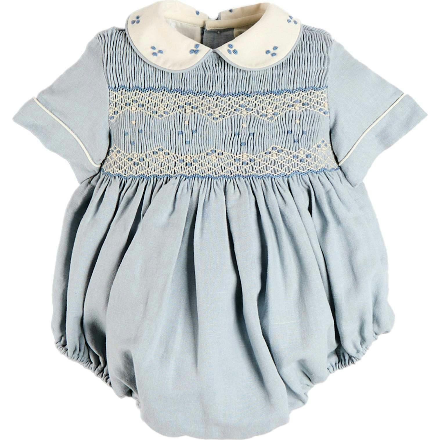 Hand Smocked Peter Pan Collar Short Sleeve Romper in Sky Blue (3mths-2yrs)