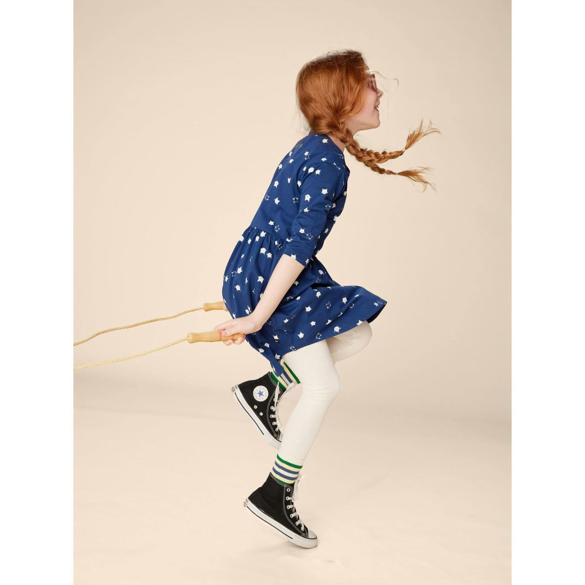 Graphic Print Crew Neck Long Sleeve Elastic Waist Midi Dress, Blue