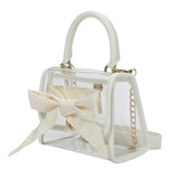 Packed Party Clear Mini Crossbody Bag - White Trim with Gold Chain Strap, Removable Satin Bow Scarf, Top Handle, 7x3.5x5 Inch