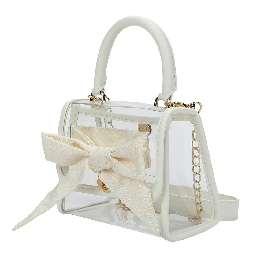 Packed Party Clear Mini Crossbody Bag - White Trim with Gold Chain Strap, Removable Satin Bow Scarf, Top Handle, 7x3.5x5 Inch