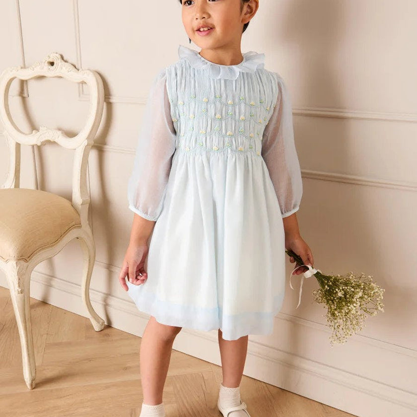 Daisy Embroidered Hand Smocked Long Sleeve Dress in Blue (18mths-8yrs)