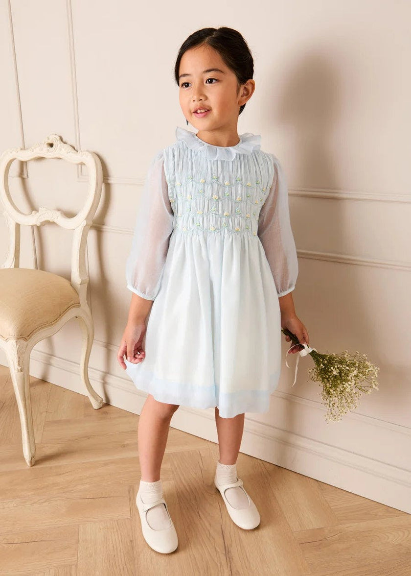 Daisy Embroidered Hand Smocked Long Sleeve Dress in Blue (18mths-8yrs)